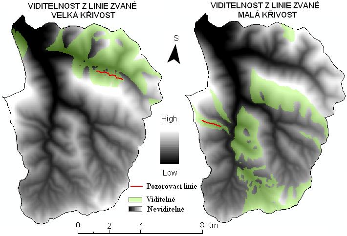 Obrázek 23: Výsledné gridy viditelností linií v oblasti velké a malé křivosti.