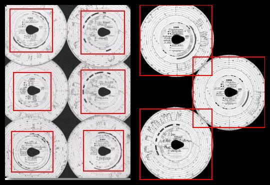 Červenými čtverci jsou označeny části kotoučů podrob ené analýze. Kotouče ve skeneru musí b ýt uloženy záznamem dolů. Výše uvedený příklad zob razuje kotouče viděné ze strany skla skeneru.