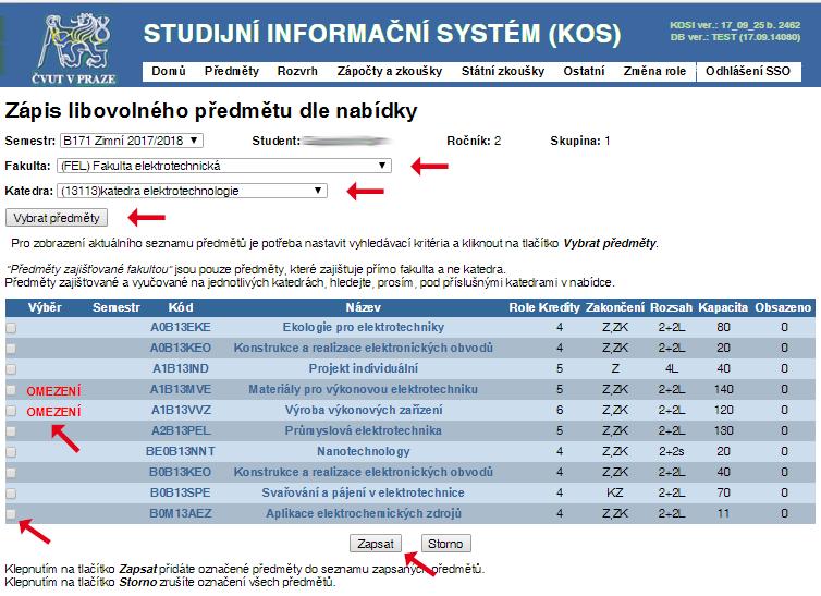 předmětů zrušit. Při zapisování předmětů věnujte též pozornost bloku pod seznamem zapsaných předmětů, viz Obrázek 7.