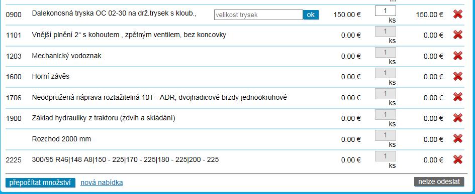 6.2.Rozvod kapaliny na ramenech-oc trysky Po vybrání OC trysky nezapomeňte v košíku doplnit velikost, počet a odkliknout tlačítko přepočítat množství Pokud máte jen jednu OC