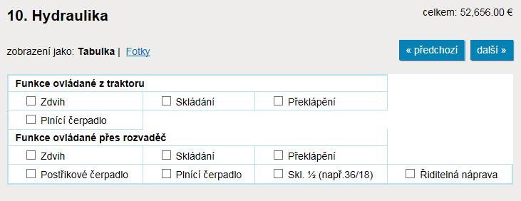 10.1. Hydraulika-jak funguje Podle označených výbav se automaticky vypisují do tabulky hydrauliky jednotlivé hydraulické funkce, Tabulka může mít až tři úrovně Funkce ovládané z traktoru, Funkce