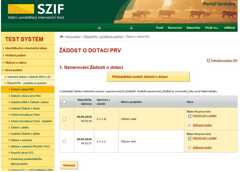 Po vygenerování Žádosti (stav generování 100%) a stisku tlačítka Zpět na seznam předtisků (obr. 10) se objeví přehled všech žádostí.