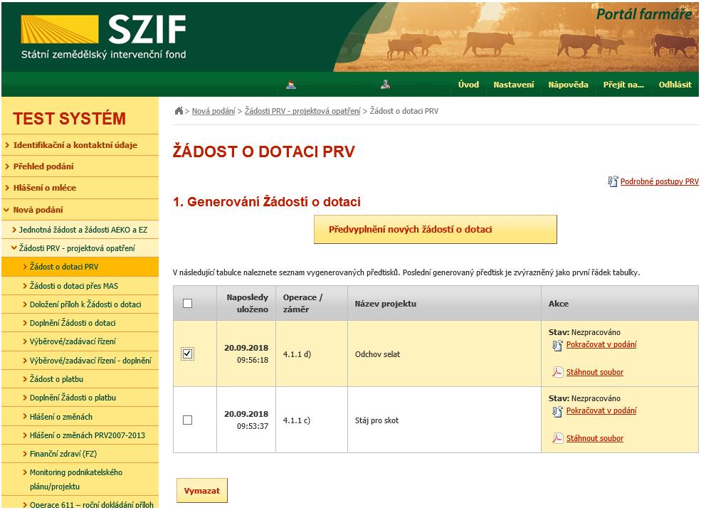 Jestliže je třeba některou z vygenerovaných Žádostí o dotaci vymazat, pak žadatel provede její označení dle obr.