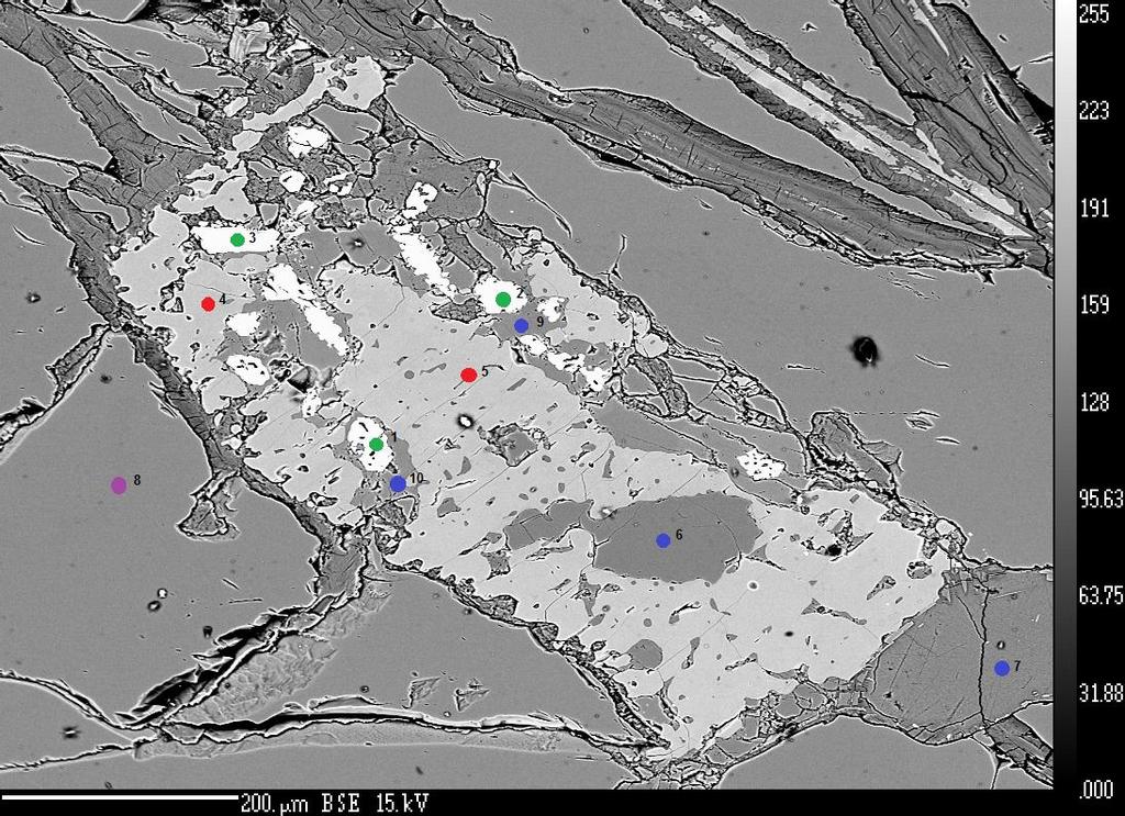 Obr. 17: Mikrofotografie v odraţených elektronech pořízená mikrosondou. Znázorňuje spinely (označené zelenými body č. 1, 2, 3) uzavřené ortopyroxenem (označený modrými body č.