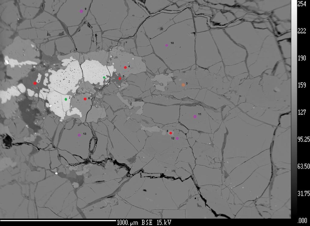 Obr. 20: Mikrofotografie v odraţených elektronech pořízená elektronovou mikroanalýzou. Spinely tvořící symplektity mezi krystaly klinopyroxenu. Spinely v symplektitu značeny zelenými body č. 1, 2.