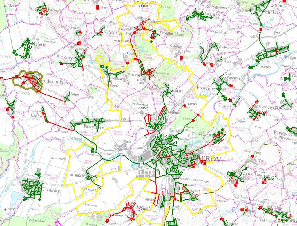 E. KANALIZACE A ČOV Mapa E1: Kanalizace - rozvody v obci Trasování sítí, lokalizace ČOV, čerpací stanice (ČS), výústě Obec: Přerov Legenda: Kanalizace: Ochranné pásmo: Vyústění: do 2015 po 2015 I IA