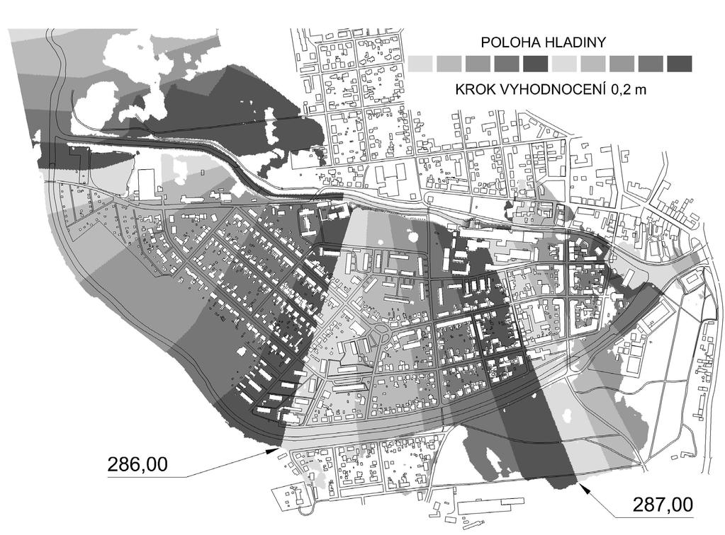 J. Valentová, P. Valenta Obr. 1. Vyhodnocení průběhu hladiny vypočtené pomocí 1D modelu HEC-RAS. Fig. 1. Water elevation map created from HEC-RAS results. ních objektů.