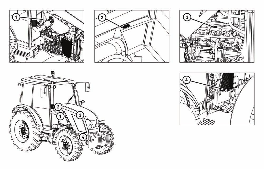 UMÍSTĚNÍ VÝROBNÍCH ČÍSEL NM14D001 1. Výrobní štítek traktoru 2. Výrobní číslo kabiny 3. Výrobní číslo motoru 4.