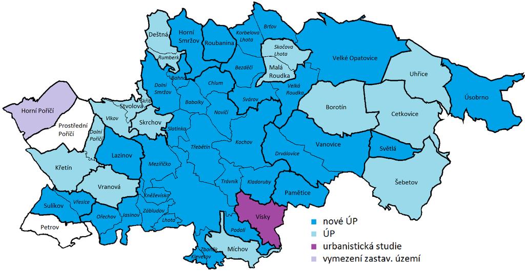 Obrázek 17 Přehled ÚPD obcí MAS Zdroj: ÚÚR, šetření u obcí Z Rozboru udržitelného rozvoje území SO ORP Boskovice jako součásti územně analytických podkladů vyplynuly pro obce v územní působnosti MAS