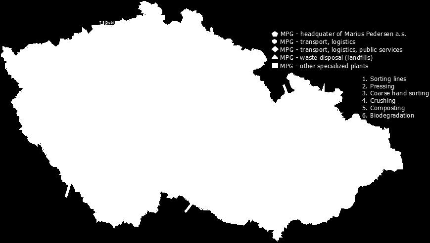 [20] Obrázek 15: Působení společnosti v České Republice [20] Hlavní služby společnosti: [19] - nakládání se všemi druhy odpadu - vývoj nových technologií na zpracování odpadu - údržba veřejných