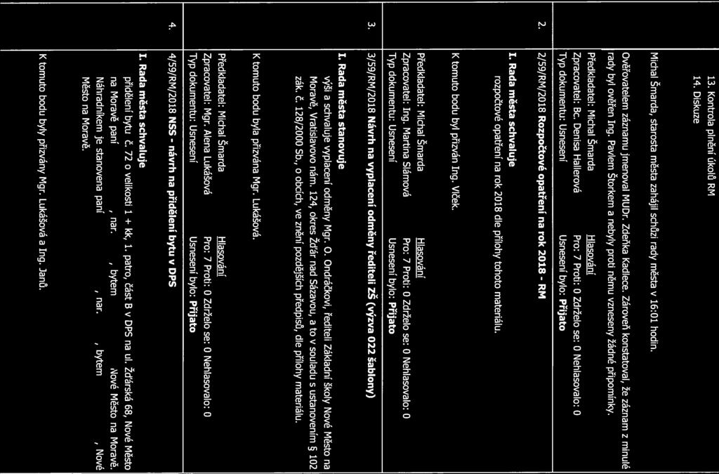 Zápis [59JRM/l.IO.2018j Page 2 of 7 13. Kontrola plnění úkolů RM 14. Diskuze Michal Šmarda, starosta města zahájil schůzi rady města v 16:01 hodin. Ověřovatelem záznamu jmenoval MUDr. Zdeňka Kadlece.