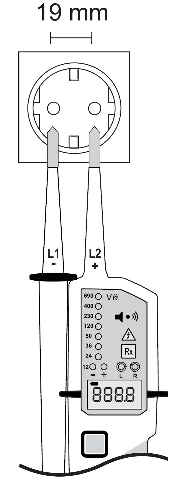 7. Vlastní provádění měření Pokud se ze zkoušečky ozve během provádění měření napětí oběma měřícími hroty výstražný akustický signál, znamená to, že jste zkoušečkou změřili vyšší střídavé napětí než