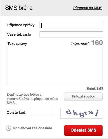 Do textového pole se zapíše zpráva, která se následně odešle do mobilní GSM sítě v podobě SMS zprávy na zvolené telefonní číslo.