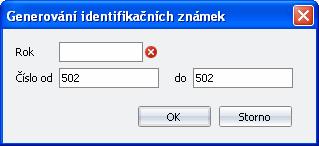 2.12.5.1 Generování identifikačních známek Funkce provede generovaní nového rozsahu rezervovaných čísel identifikačních známek dle zadaných parametrů. Rok Rok pro interval identifikačních známek.