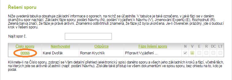 KROK 2: Seznámení se se sporem Po přihlášení se vám zobrazí řešení sporů, ve kterém figurujete jako Odpůrce. Do sporu se dostanete tak, že kliknete na číslo sporu v levé části tabulky. Popř.