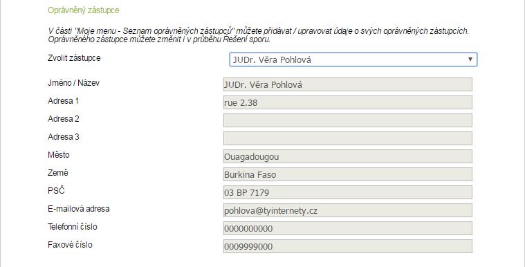 2. Údaje o oprávněném zástupci Pokud si přejete být v daném řešení sporu zastupováni oprávněným zástupcem, vyberte oprávněného zástupce z rolovacího seznamu.