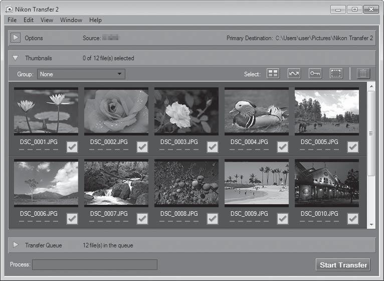 2 Jakmile se aplikace Nikon Transfer 2 spustí, klikněte na možnost Start Transfer (Zahájit přenos). Start Transfer (Zahájit přenos) Zahájí se přenos snímků.
