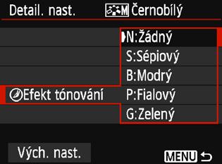 A Uživatelské nastavení charakteristik snímkun V Nastavení stylu Černobílý U položky Černobílý lze kromě parametrů [Ostrost] a [Kontrast] popsaných na předchozí straně nastavit také parametry [Efekt
