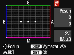 u Úprava tónu barev pro zdroj světlan Automatický braketing vyvážení bílé Tato funkce umožňuje pomocí pouze jednoho záběru zaznamenat současně tři snímky s odlišnými tóny barev.