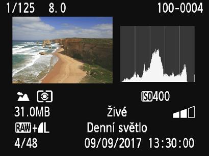 B Zobrazení informací o snímku Ukázka fotografie pořízené v režimu základní zóny Režim snímání Prostředí a efekty prostředí * U snímků pořízených v režimu