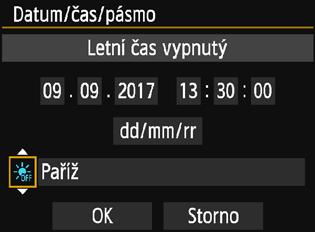 3 Nastavení data, času a časového pásma 4 5 6 Nastavte datum a čas. Stisknutím tlačítek <Y> <Z> vyberte číselnou hodnotu. Stisknutím tlačítka <0> zobrazte rámeček <a>.