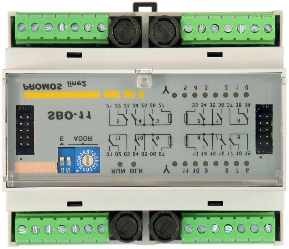 Obsahuje výstupních obvodů s galvanickým oddělením. SBO-/ je výstupní jednotka na sériovou linku RS-. Obsahuje výstupních obvodů s galvanickým oddělením.
