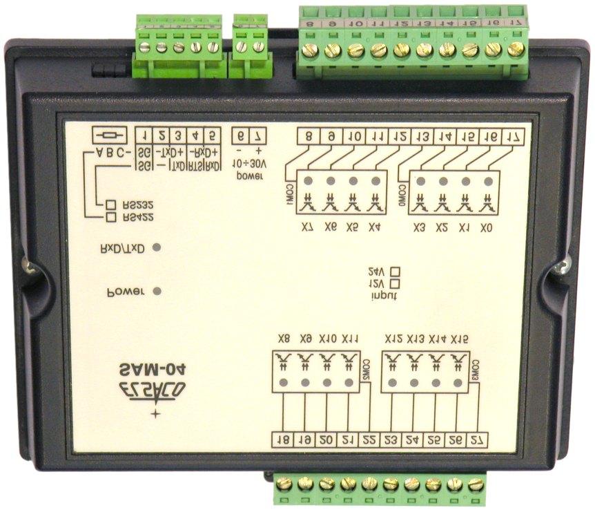 SAM-0 modul pro vzdálené připojení logických vstupů Komunikační linka RS-/ nebo RS- s galvanickým oddělením Jednoduchý ASCII komunikační protokol logických vstupů s galvanickým oddělením Digitální