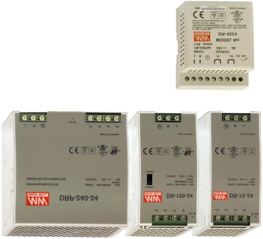 0/0Hz 0/0Hz 0/0Hz DR-, DR- DR-0, DR-0 Mean Well jednohladinové spínané napájecí zdroje,, 0 a 0 W Spínané zdroje s výstupním napětím nebo V Stabilizované výstupní napětí, stabilní parametry Vestavěná