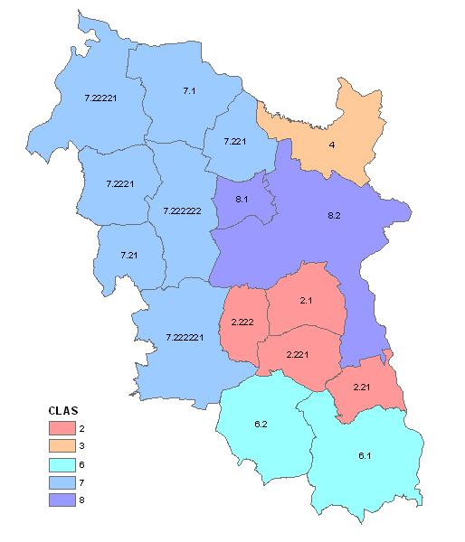 Pět shluků pro podíl polské národnosti v obcích okresu Karviná (geografická blízkost na základě sousedství typu
