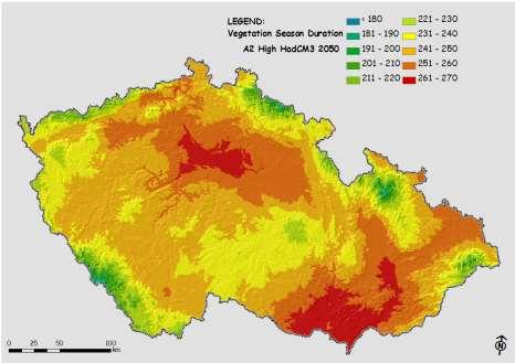 Výrazně se prodlouží vegetační období Průměrná délka vegetačního období [dny] 1961-2000 Průměrná délka vegetačního