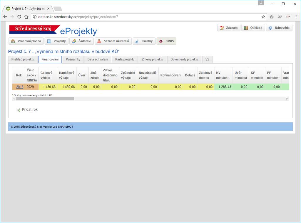 2.5.1 Záložka Financování: Obsahuje informace o financování načítané na základě propojení se systémem GINIS.