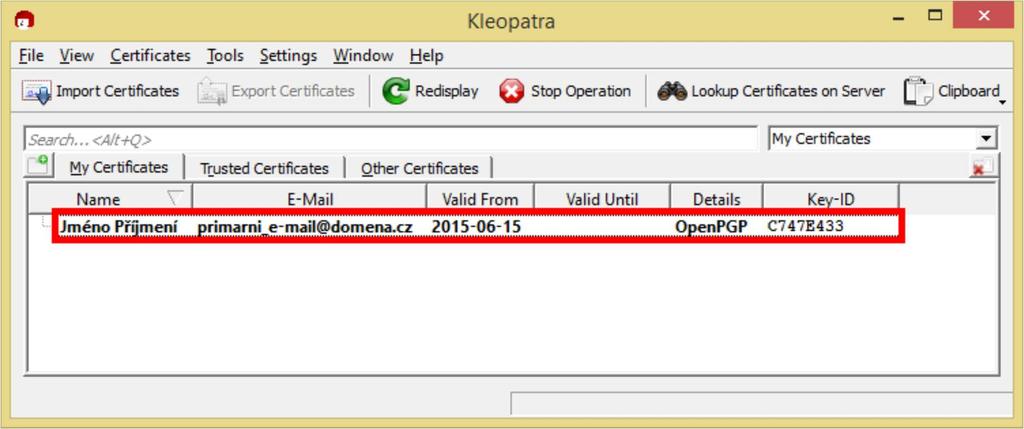 Import PGP certifikátů Jestliže máte již vlastní pár klíčů je možnost je naimportovat do aplikace Kleopatra přes volbu File -> Import Certificates Pro import veřejného PGP klíče příjemce zvolte