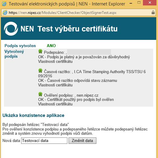 Obrázek 8 Test vložení správného certifikátu V případě, že certifikát nevyhovuje, zobrazí se Vám