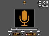 Přehrávání audiozáznamu 1. V režimu PLAY zobrazte pomocí tlačítek [4] a[6] soubor hlasového záznamu, který chcete přehrát. Místo snímku bude u souboru hlasového záznamu zobrazen symbol `. 2.