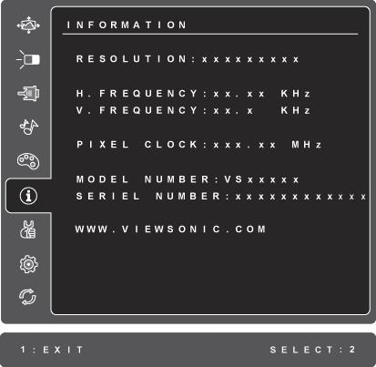 Ovládací prvek Popis Information (Informace) zobrazí režim synchronizace (vstupní videosignál) grafické karty v po íta i, íslo modelu monitoru LCD, sériové íslo a adresa