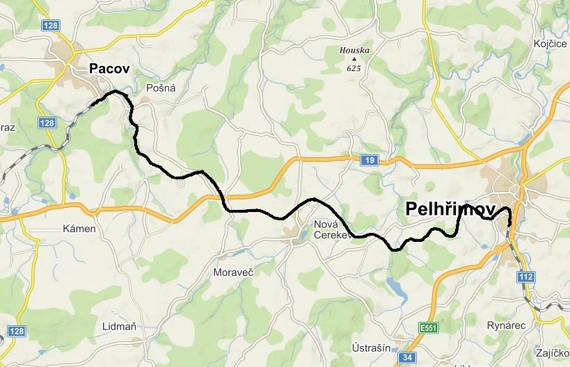 Železniční trať číslo 224 Obrázek 7 Železniční trať číslo 224 na trase Pacov - Pelhřimov Zdroj: autor s využitím (23) Na obrázku 7 je zvýrazněn úsek železniční tratě číslo 224 mezi Pacovem a