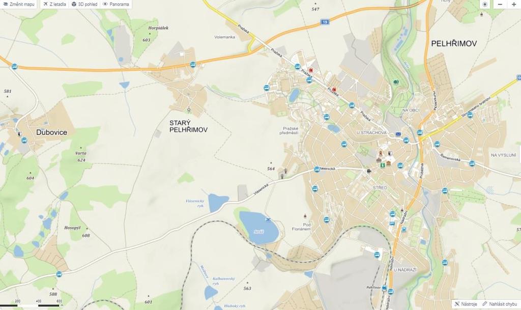 3.2.3 Návrh obsluhovaných zastávek v městě Pelhřimov Na území obce Pelhřimov je navržena obslužnost 7 zastávek. Izochory obsluhovaných zastávek jsou zobrazeny na obrázku 15.