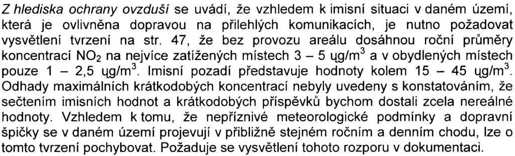 Z hlediska ochrany ovzduší se uvádí, že vzhledem k imisní situaci v daném území, která je ovlivnìna dopravou na pøilehlých komunikacích, je nutno požadovat vysvìtlení tvrzení na str.