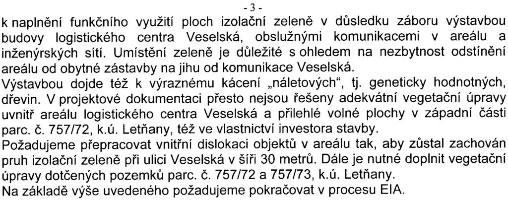 - 3 - k naplnìní funkèního využití ploch izolaèní zelenì v dùsledku záboru výstavbou budovy logistického centra Veselská, obslužnými komunikacemi v areálu a inženýrských sítí.