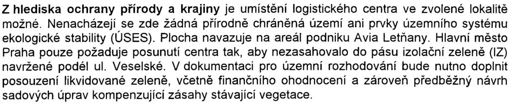 mìsta pro všechny èasové horizonty, které poskytuje Ústav dopravního inženýrství a MHMP-SURM. Z hlediska ochrany pøírody a krajiny je umístìní logistického centra ve zvolené lokalitì možné.