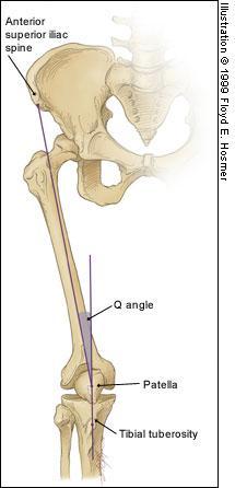 Q-úhel, coţ je ostrý úhel, který svírá směr tahu m. quadriceps femoris, a osa lig. patellae viz obr. 3.8. U muţů je normální hodnota Q-úhlu do 10 0, u ţen do 15 0.