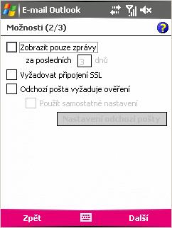 Položka Odchozí pošta vyžaduje ověření zůstane nezaškrtnuta, SSL zabezpečení zaškrtněte pouze pokud