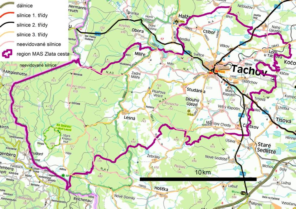 celkové délce 71,5 km. Součástí dopravního systému regionu MAS Zlatá cesta je regionální železniční trať č. 184 Planá u Mariánských Lázní - Domažlice.