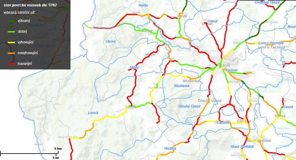 Obrázek 15: Klasifikace stavu povrchu silnic II. a III. třídy v regionu MAS Zlatá cesta Zdroj: Mapový server Plzeňského kraje 2014.