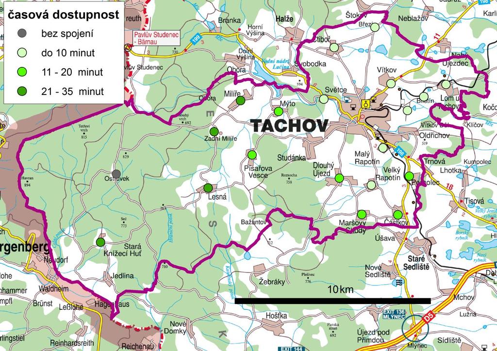 Obrázek 16: Časová dostupnost Tachova ze sídel regionu MAS Zlatá cesta ve všední den 3 Zdroj: IDOS 2014.