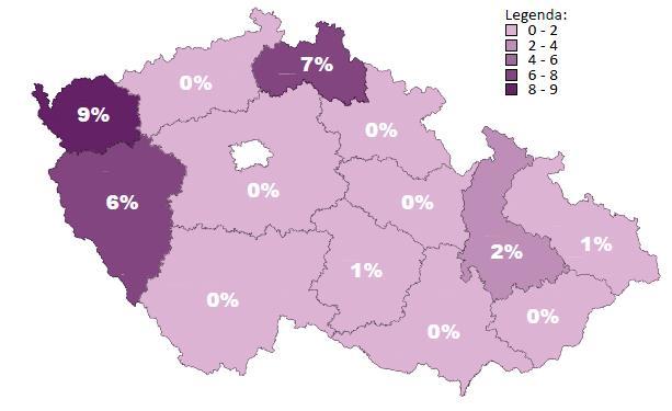 Královehradeckého i Ústeckého kraje, nejvyšší procento bylo zjištěno u respondentů z Karlovarského kraje (9 %). 26 Mapa č.