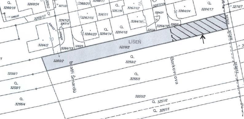 Staré Brno 8. směna části pozemku p. č. 3259/2 - orná půda, o výměře 421 m² a pozemku p. č. 3274/8 - ostatní plocha, ostatní komunikace, o výměře 41 m², v k. ú. Líšeň JUDr.