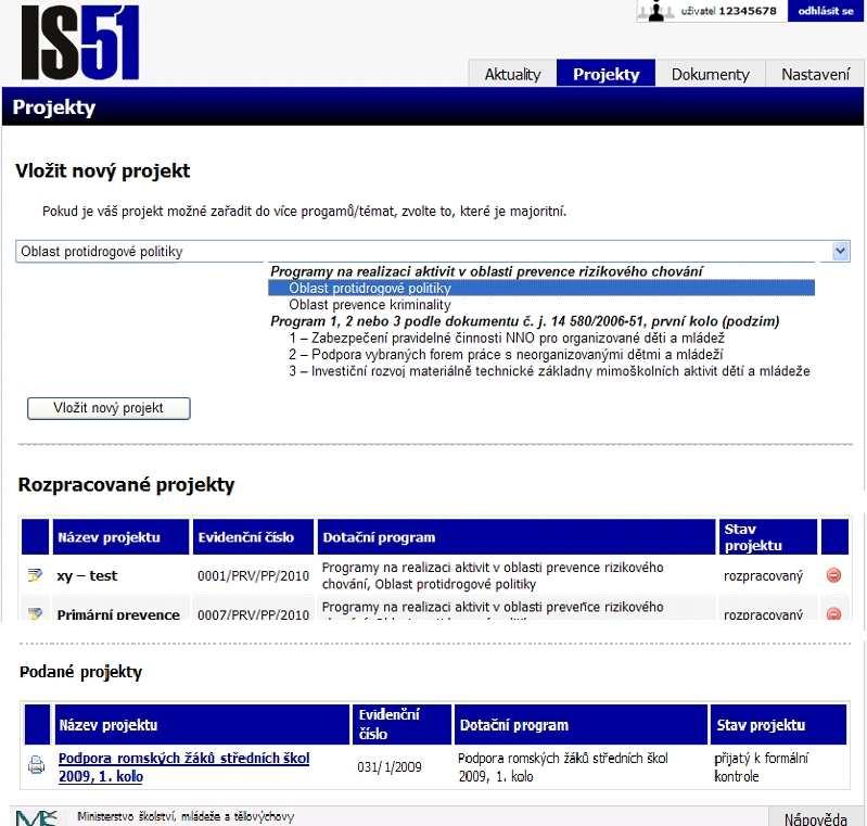 Projektové žádosti 1. Dotační program a oblast 2.