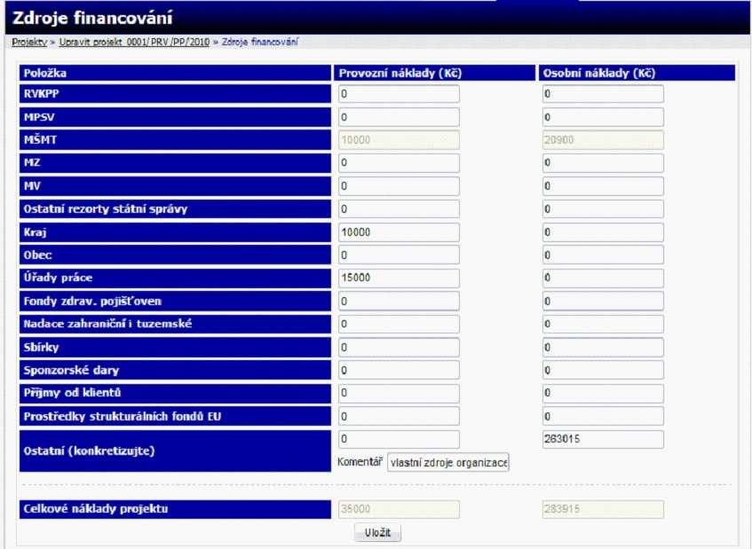 Žádost 6 zdroje financování 1. Hodnoty se převedou automaticky z HPP a Neinvestičních nákladů 2.