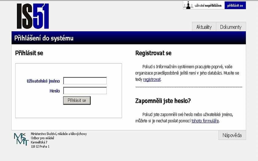 Vstup do systému a registrace 1.